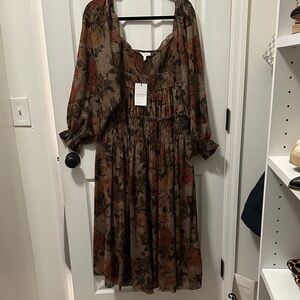 Long Sleeve Floral Dress - Brown and Red